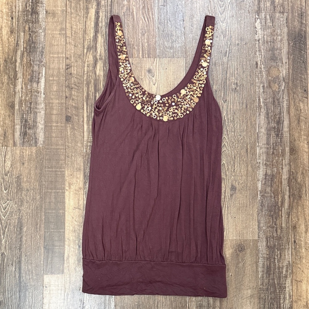 Sequin-Embellished Brown Tank Top